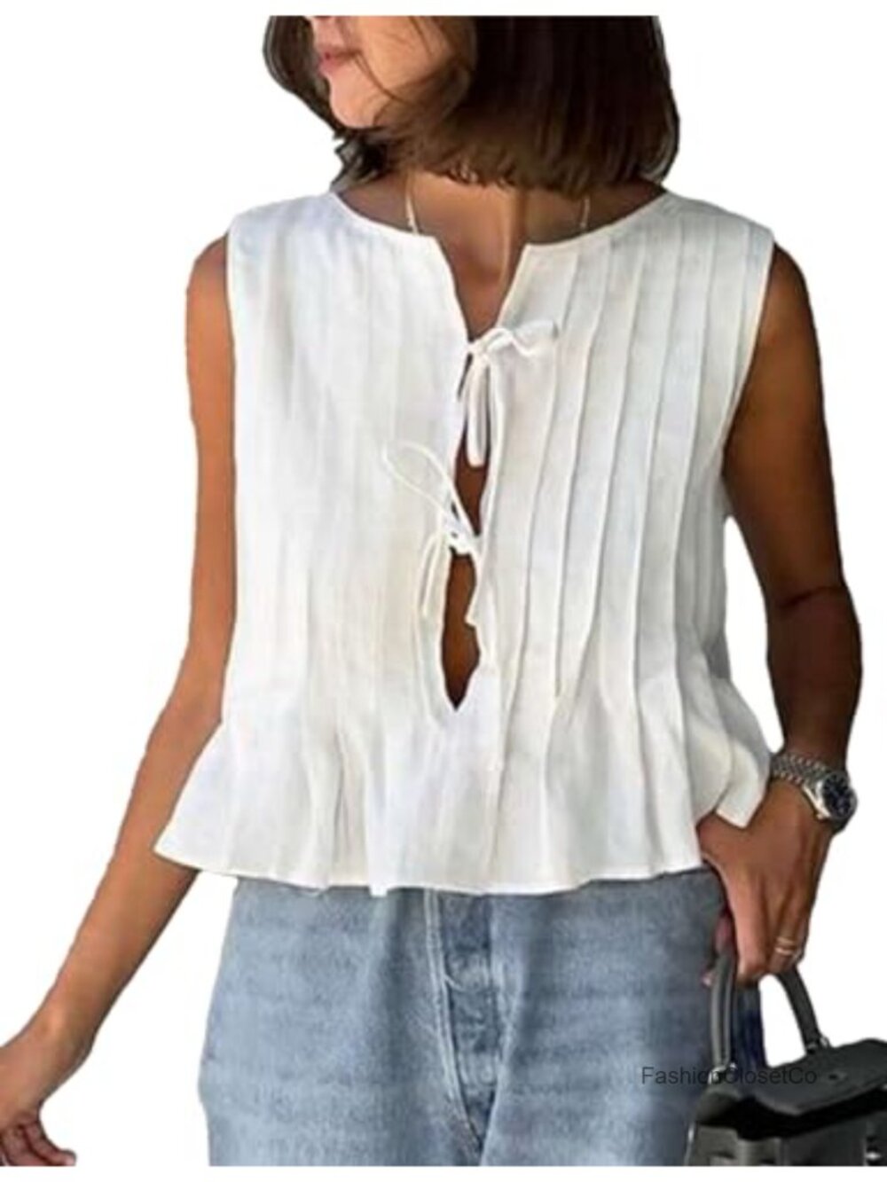 Women's Cotton Linen Sleeveless Tie Front Babydoll Peplum Blouse Tank